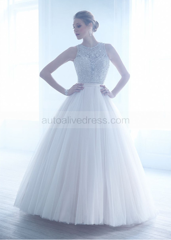 Richly Beaded Ivory Tulle Sheer Buttons Back Wedding Dress